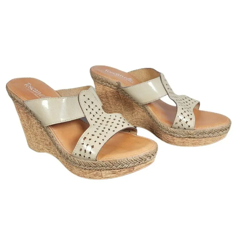 TOSCANELLA Made in Italy Tan Cork Platform Sandals Wedge Heel Shoes Sz 10